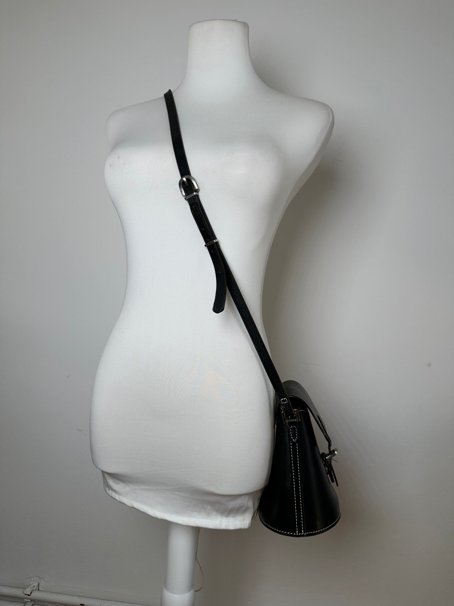 Vintage Courreges Paris Leather Crossbody Flap Bag Black