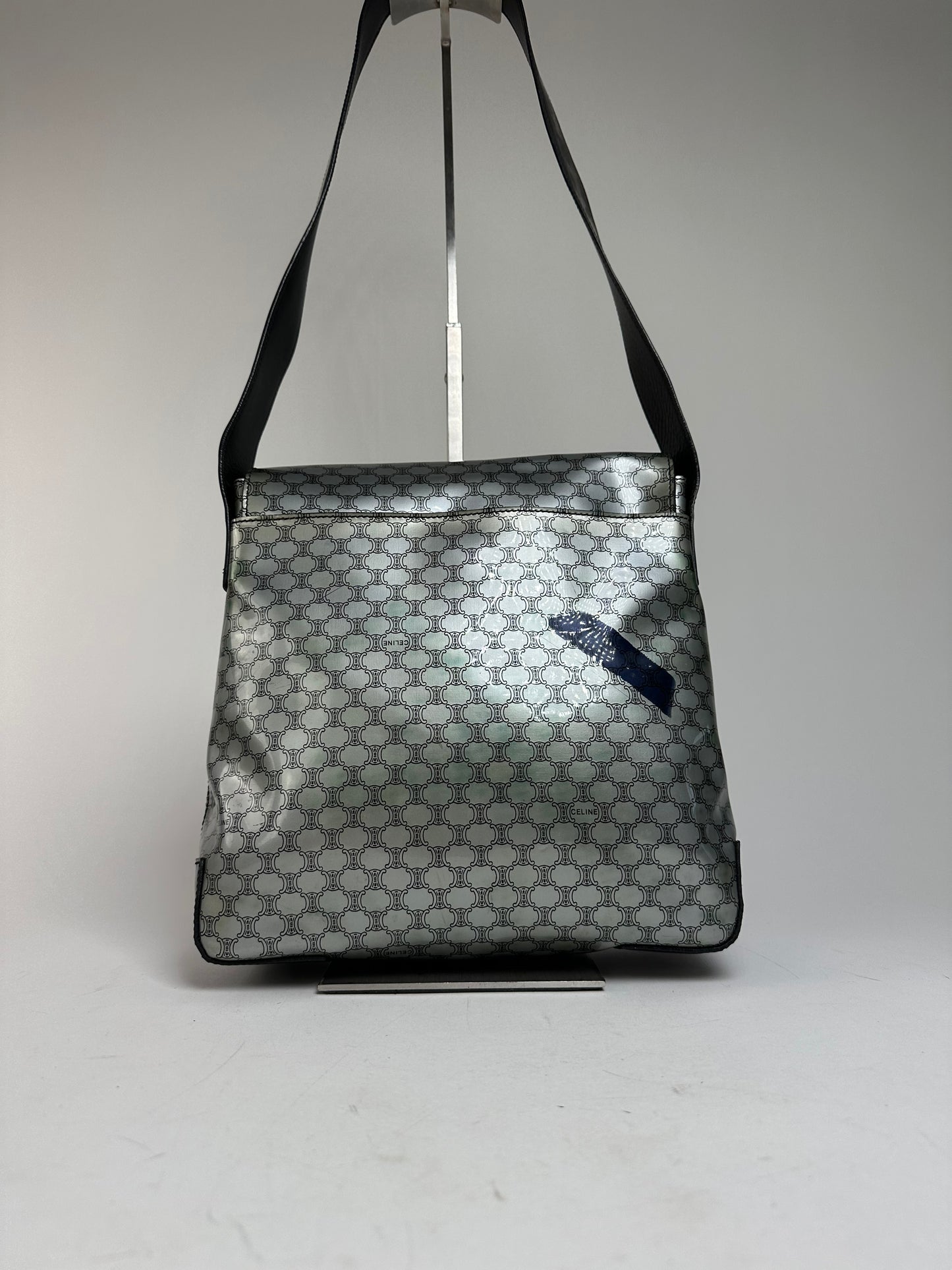 Vintage Celine Paris Triomphe Monogram Patent Leather Shoulder Bag Silver Black