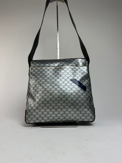 Vintage Celine Paris Triomphe Monogram Patent Leather Shoulder Bag Silver Black