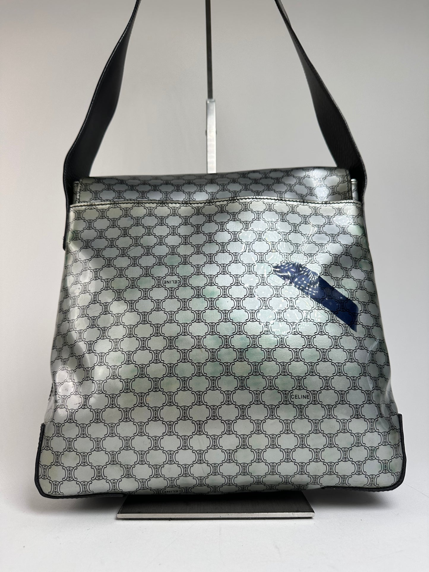Vintage Celine Paris Triomphe Monogram Patent Leather Shoulder Bag Silver Black