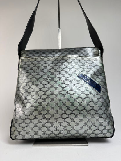 Vintage Celine Paris Triomphe Monogram Patent Leather Shoulder Bag Silver Black