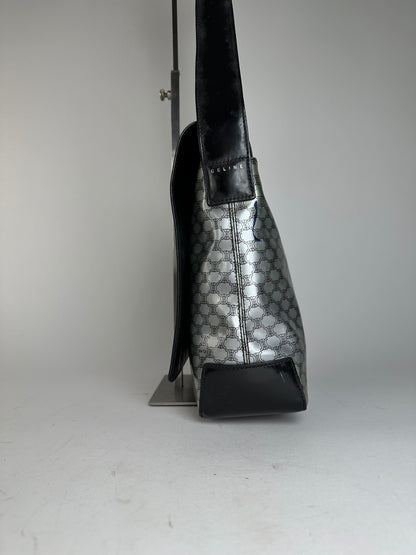 Vintage Celine Paris Triomphe Monogram Patent Leather Shoulder Bag Silver Black