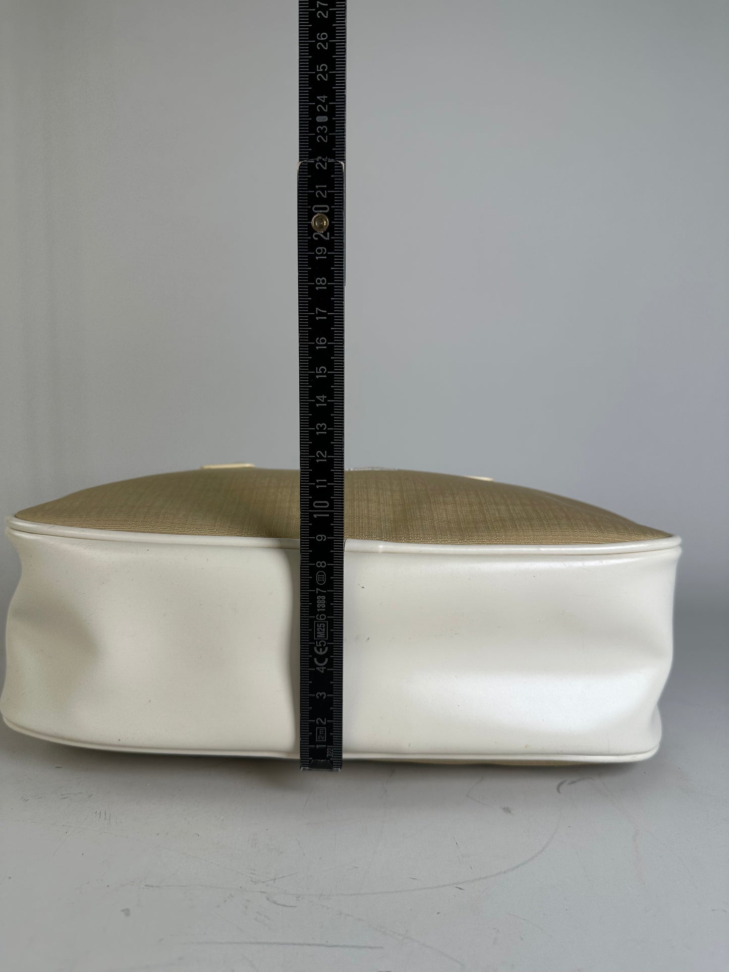Vintage Courreges Canvas Leather Trim Handbag Beige White