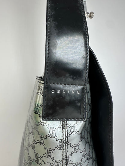 Vintage Celine Paris Triomphe Monogram Patent Leather Shoulder Bag Silver Black