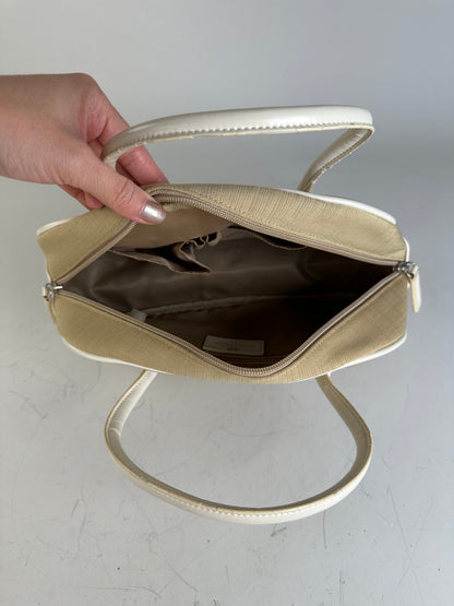 Vintage Courreges Canvas Leather Trim Handbag Beige White
