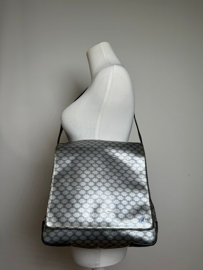 Vintage Celine Paris Triomphe Monogram Patent Leather Shoulder Bag Silver Black