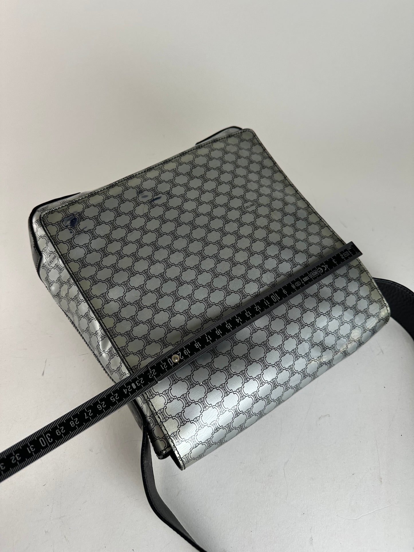 Vintage Celine Paris Triomphe Monogram Patent Leather Shoulder Bag Silver Black