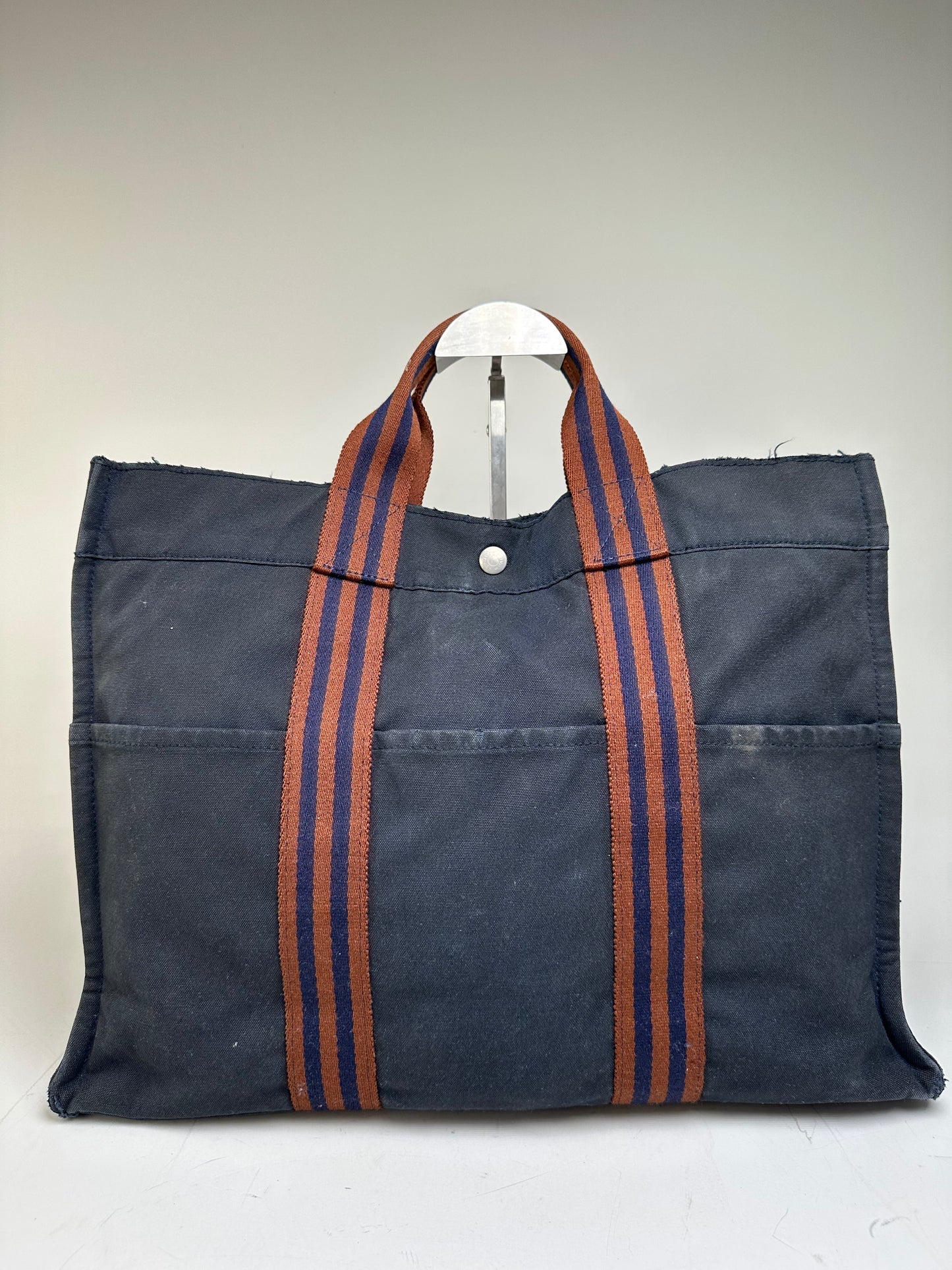 Vintage Hermes Canvas Tote Navy Brown Stripe