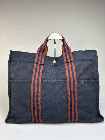 Vintage Hermes Canvas Tote Navy Brown Stripe