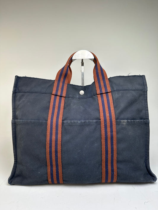 Vintage Hermes Canvas Tote Navy Brown Stripe