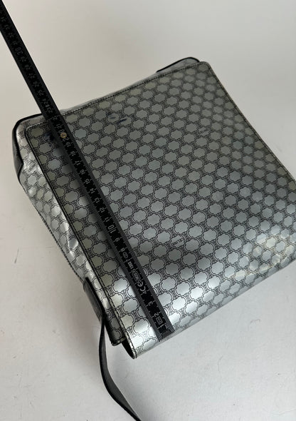 Vintage Celine Paris Triomphe Monogram Patent Leather Shoulder Bag Silver Black