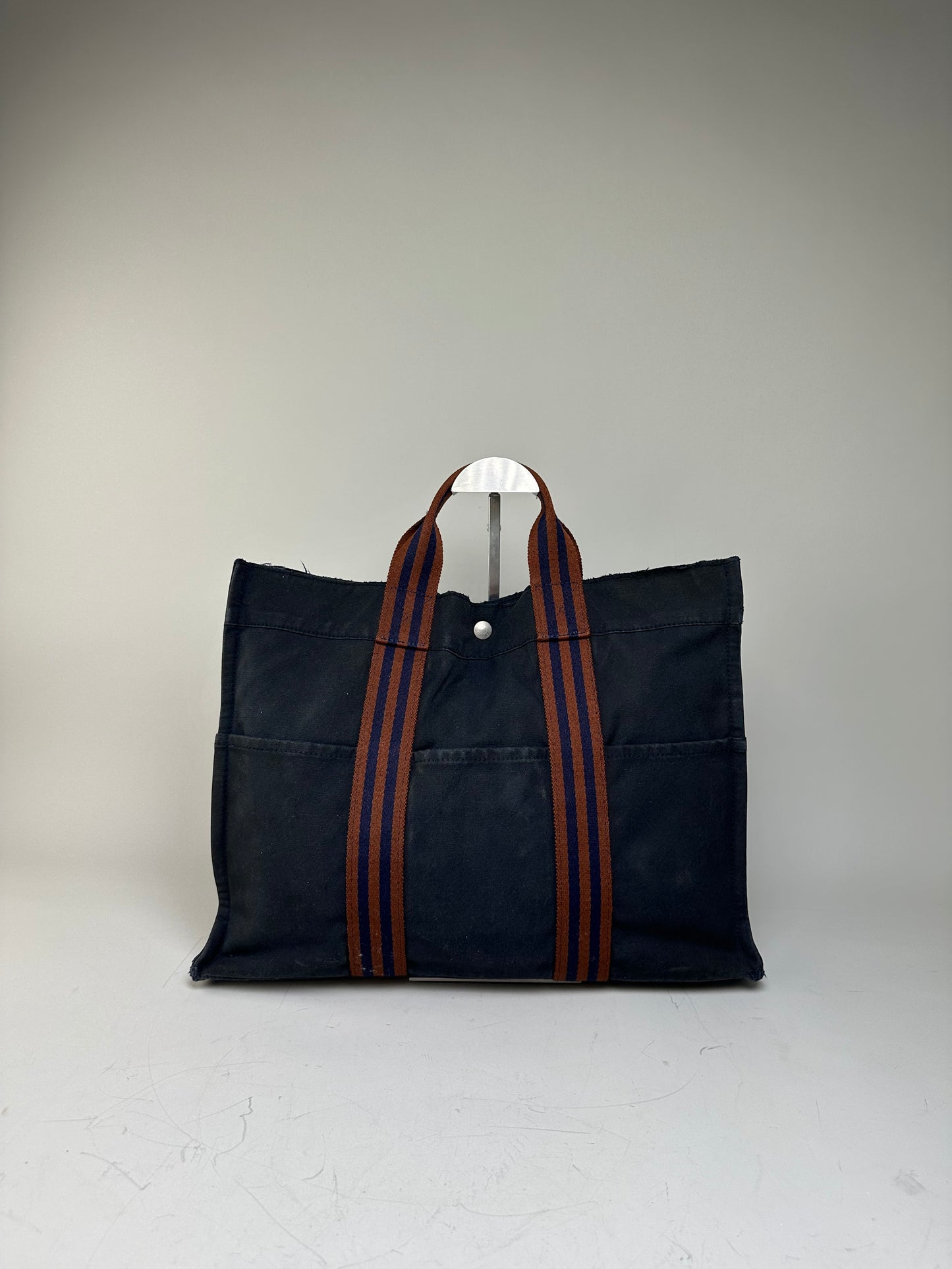 Vintage Hermes Canvas Tote Navy Brown Stripe