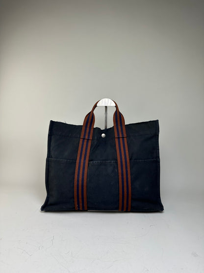 Vintage Hermes Canvas Tote Navy Brown Stripe