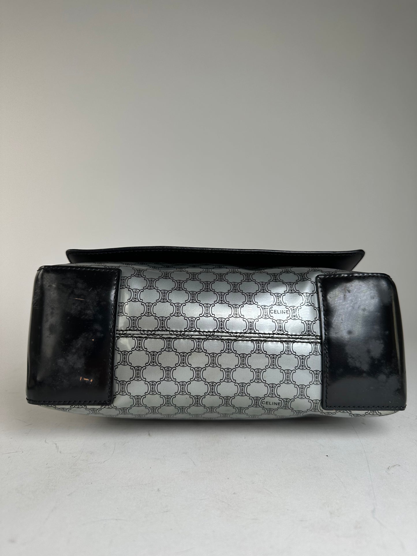 Vintage Celine Paris Triomphe Monogram Patent Leather Shoulder Bag Silver Black