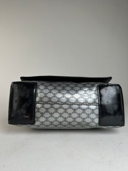 Vintage Celine Paris Triomphe Monogram Patent Leather Shoulder Bag Silver Black