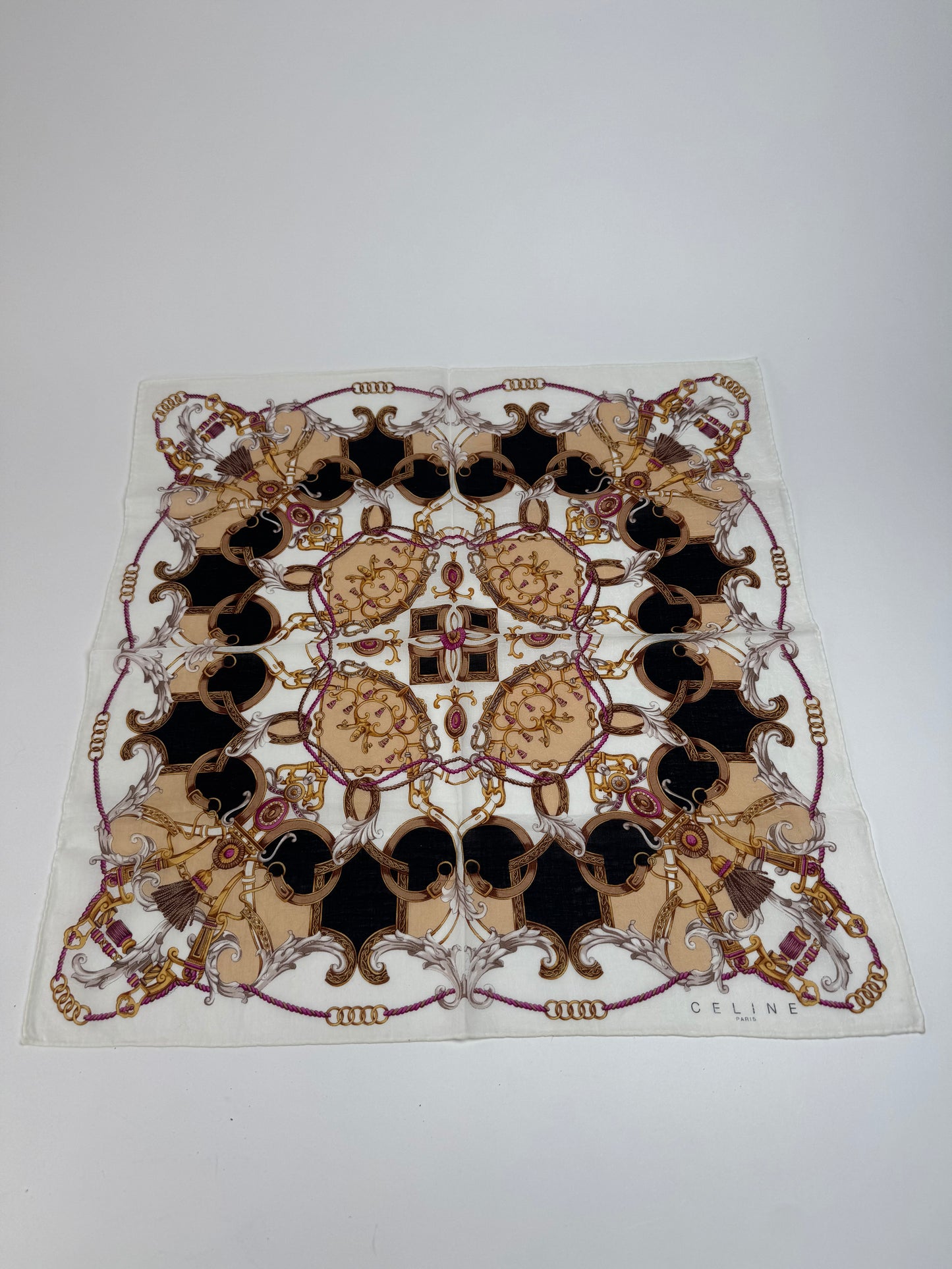 Vintage Celine Silk Scarf White brown