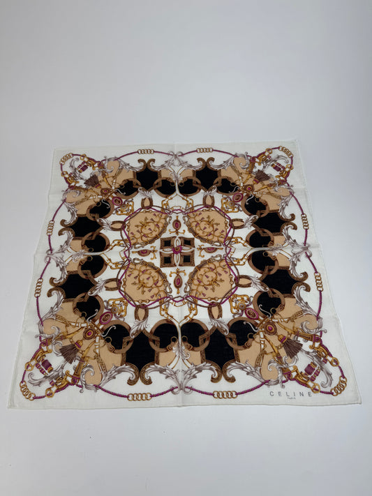 Vintage Celine Silk Scarf White brown