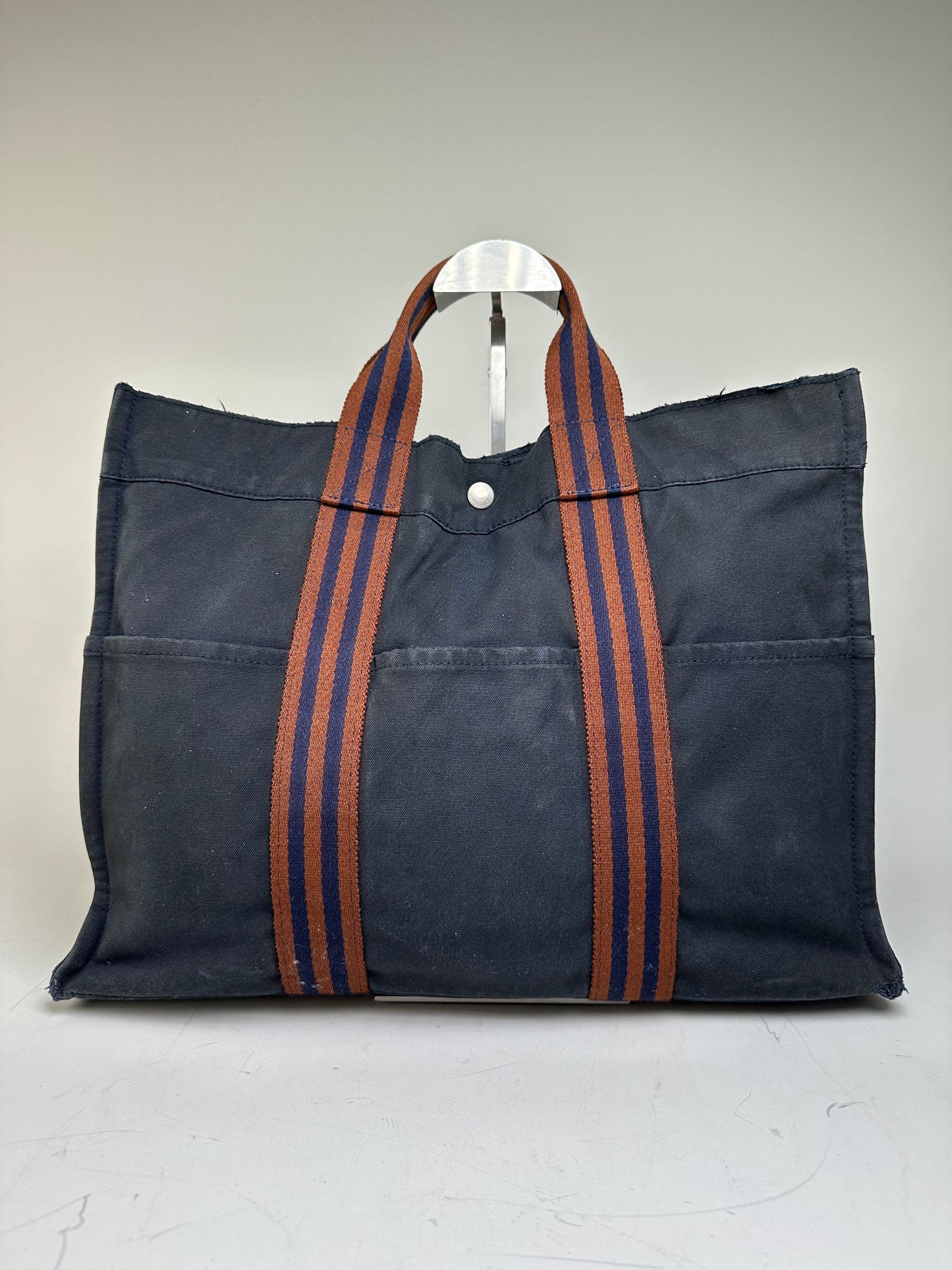 Vintage Hermes Canvas Tote Navy Brown Stripe