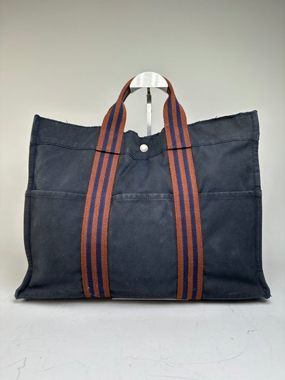 Vintage Hermes Canvas Tote Navy Brown Stripe