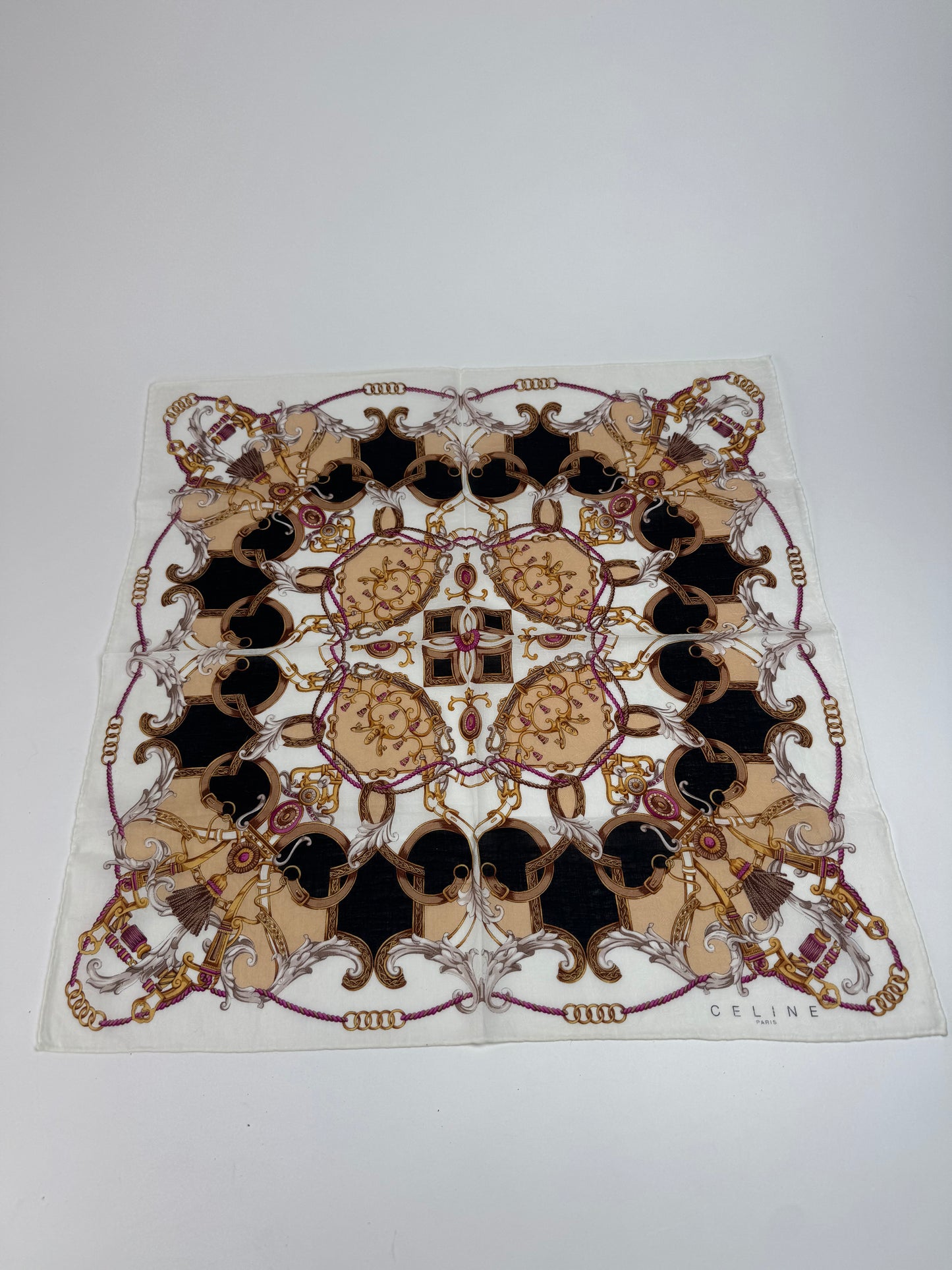 Vintage Celine Silk Scarf White brown