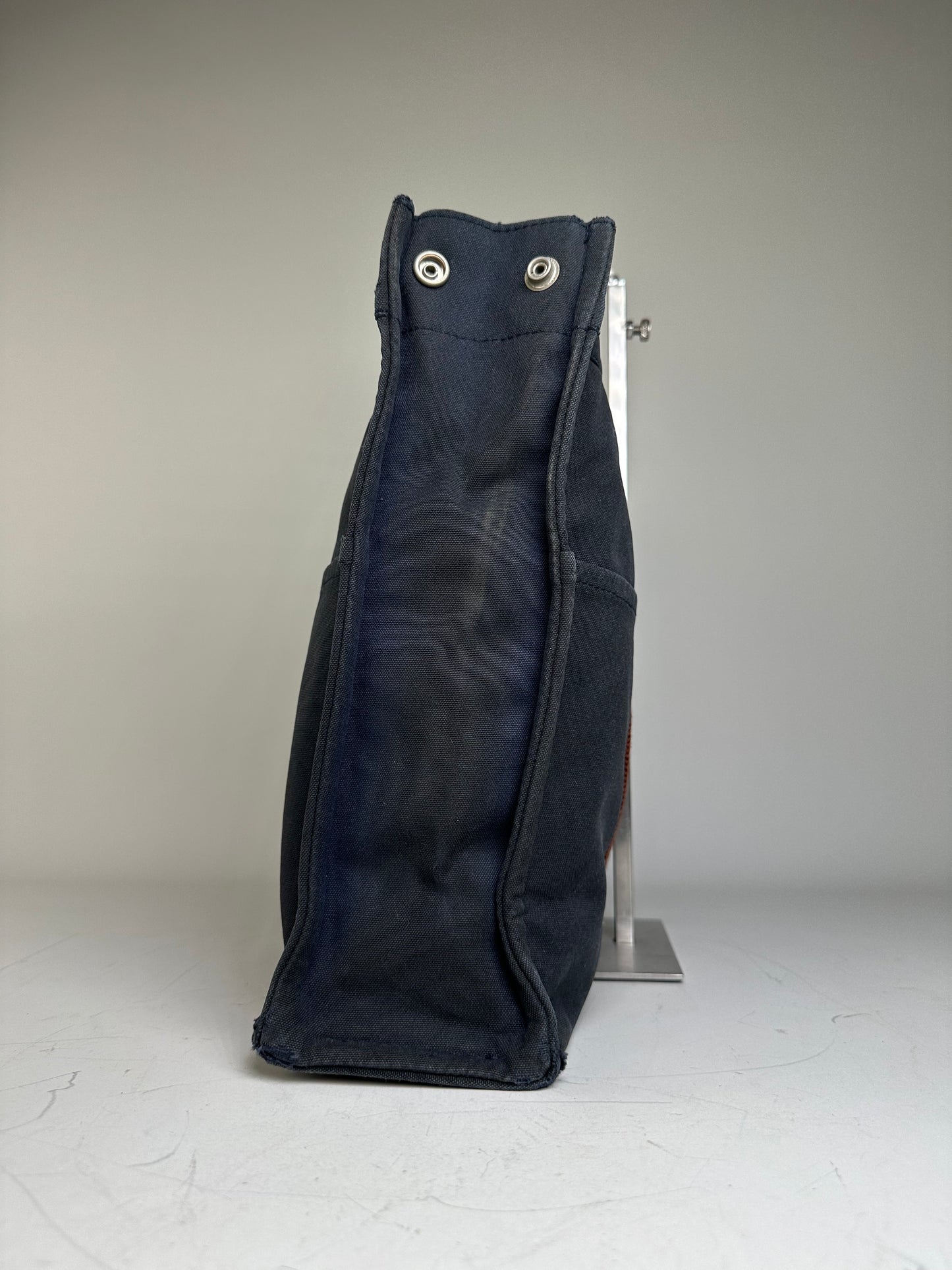 Vintage Hermes Canvas Tote Navy Brown Stripe