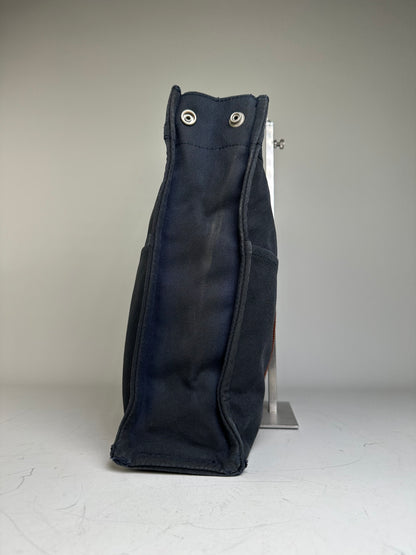 Vintage Hermes Canvas Tote Navy Brown Stripe