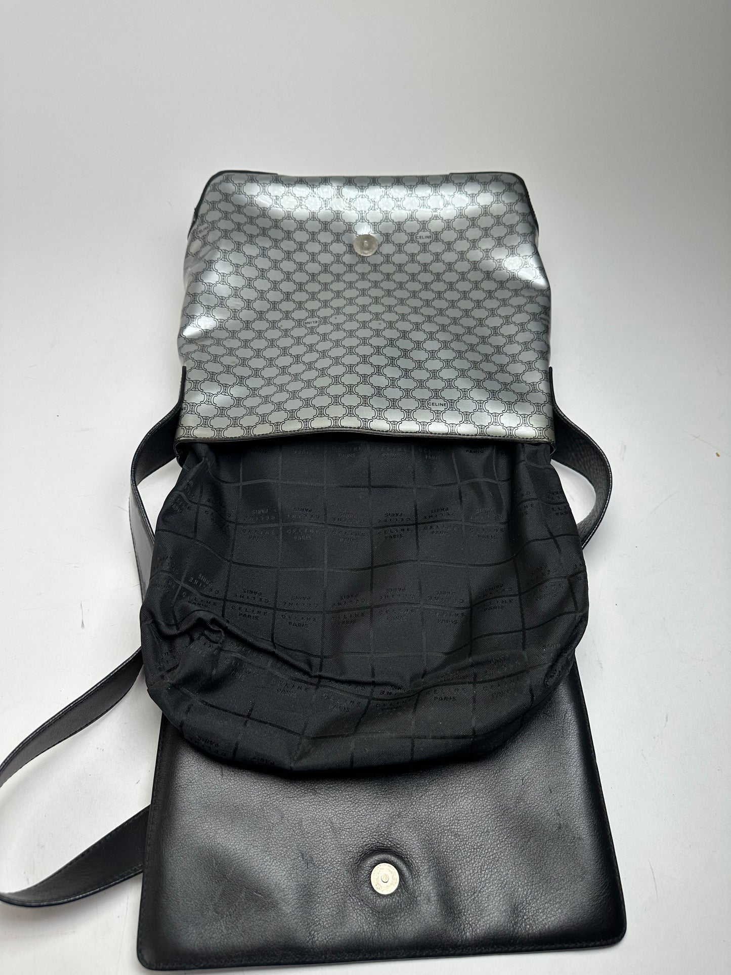 Vintage Celine Paris Triomphe Monogram Patent Leather Shoulder Bag Silver Black