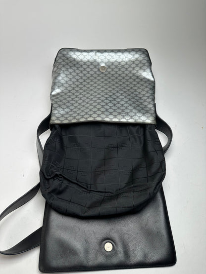 Vintage Celine Paris Triomphe Monogram Patent Leather Shoulder Bag Silver Black