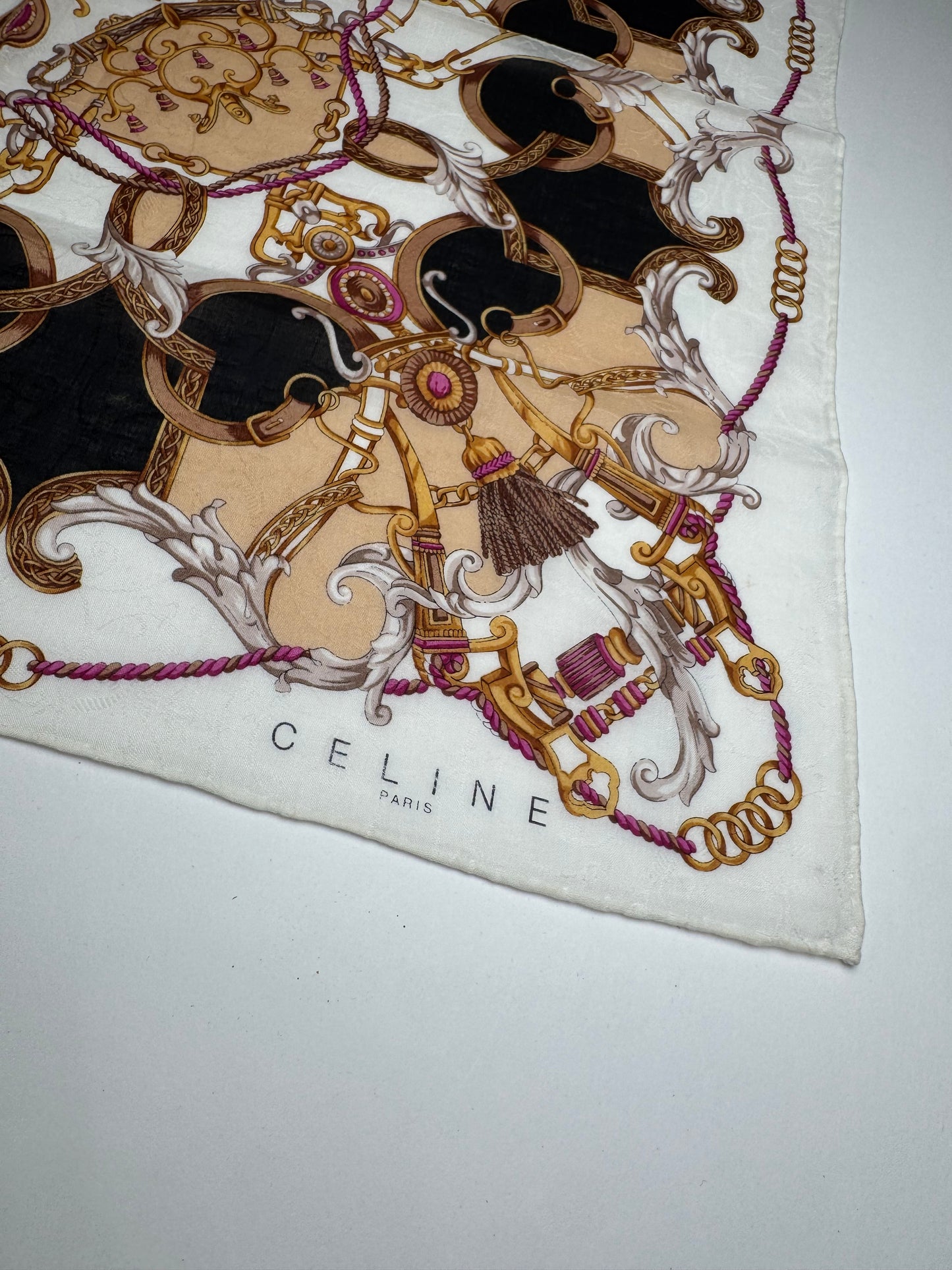 Vintage Celine Silk Scarf White brown