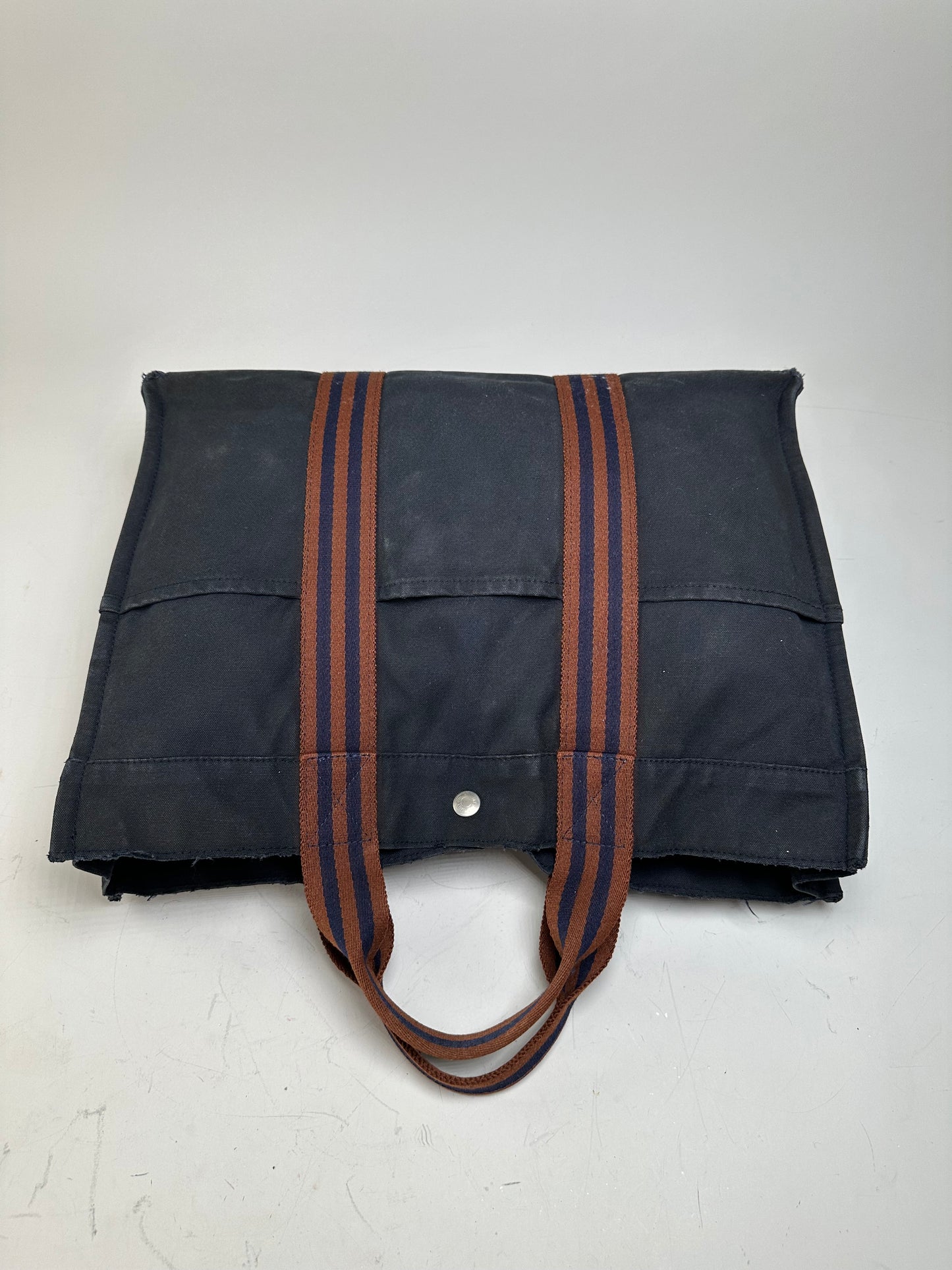 Vintage Hermes Canvas Tote Navy Brown Stripe