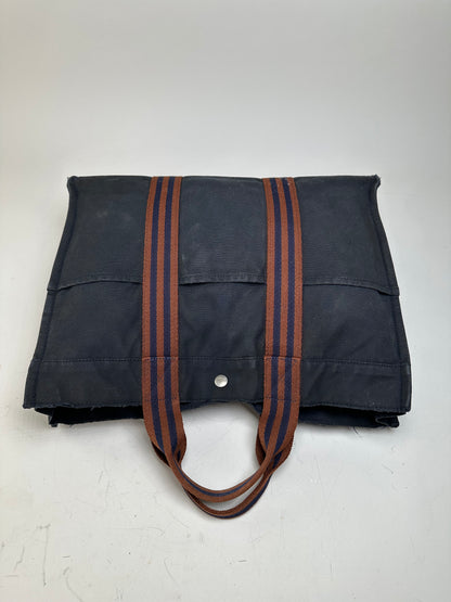 Vintage Hermes Canvas Tote Navy Brown Stripe