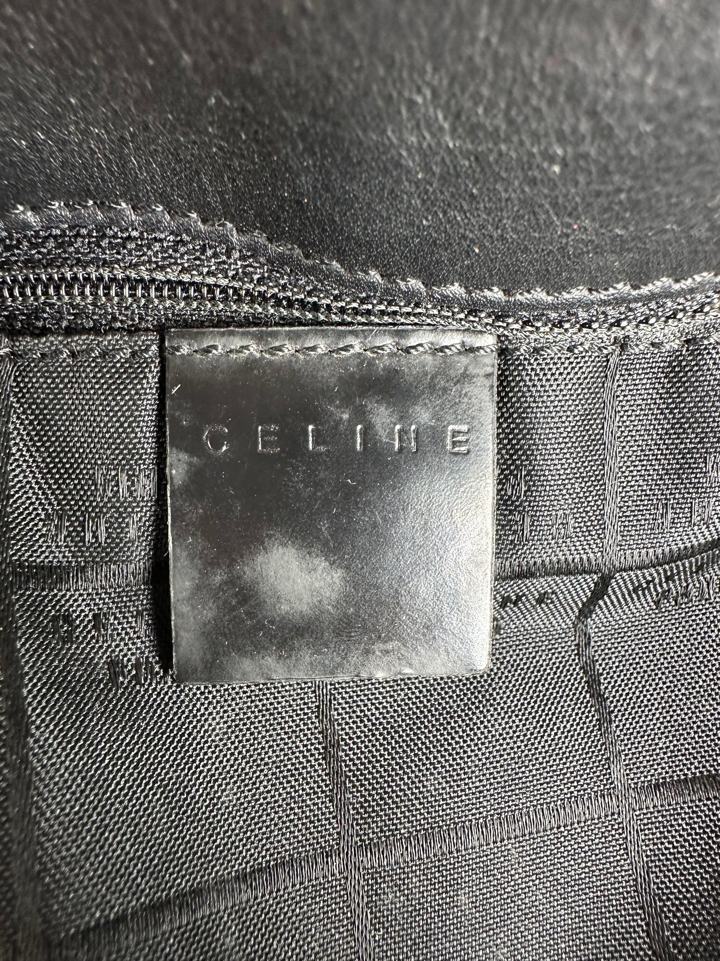 Vintage Celine Paris Triomphe Monogram Patent Leather Shoulder Bag Silver Black