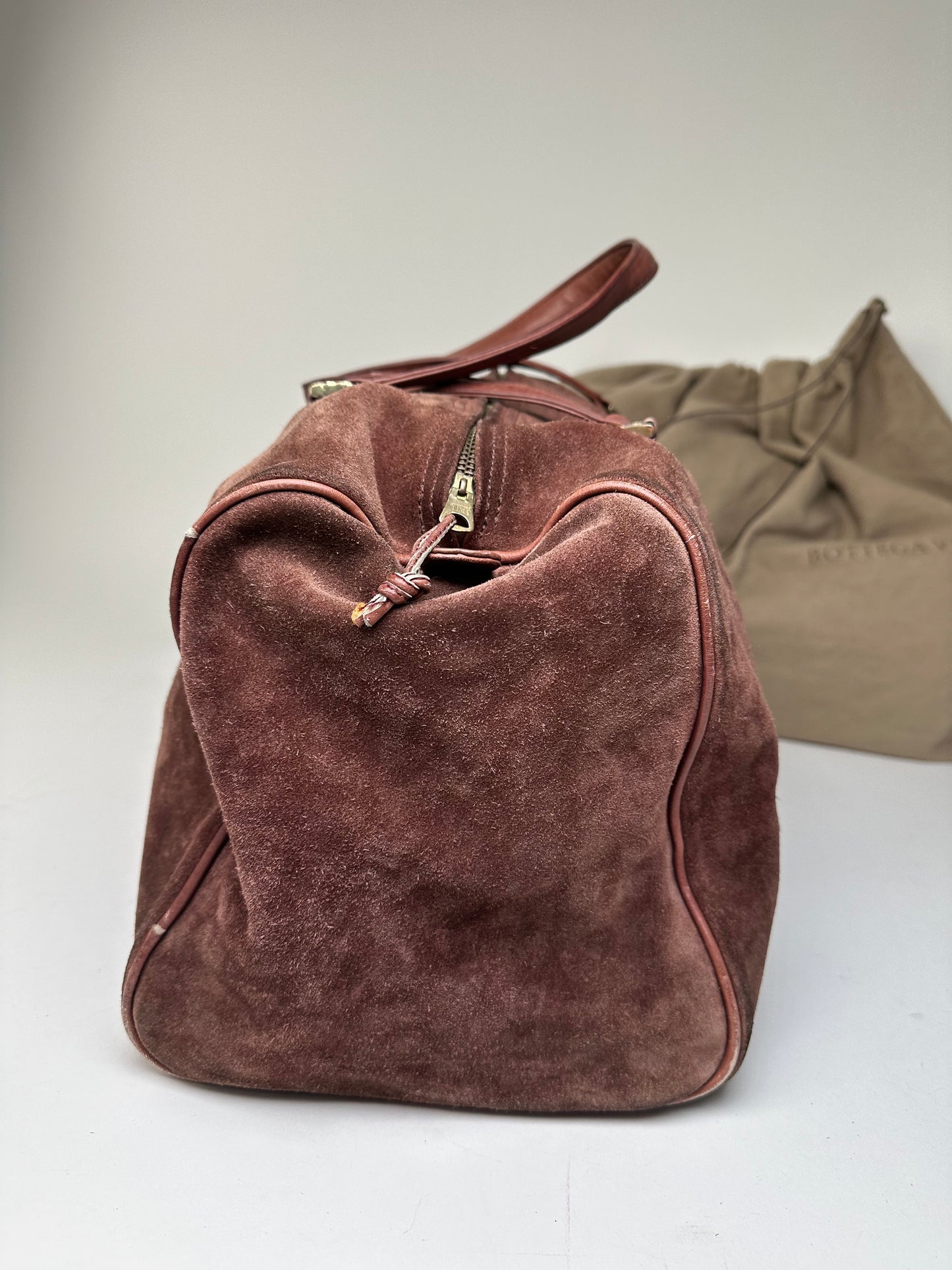 Vintage Bottega Veneta Suede Weekender Duffle Bag Burgundy