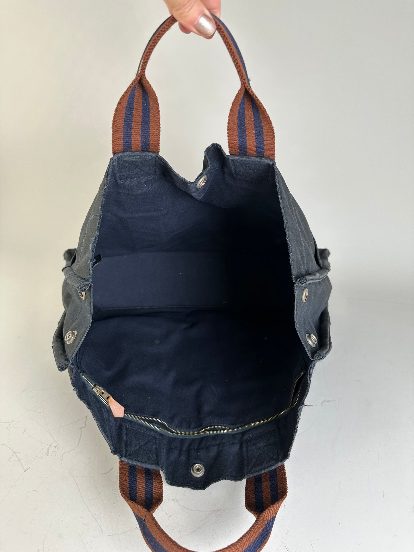 Vintage Hermes Canvas Tote Navy Brown Stripe