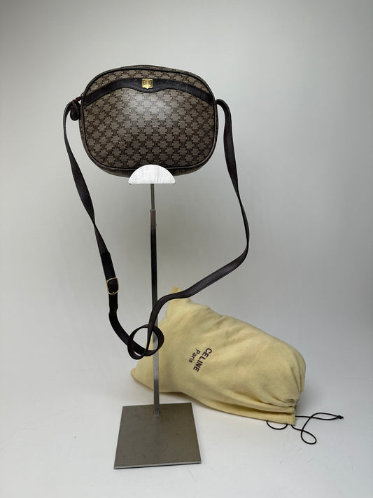 Vintage Celine Macadam Canvas Camera Crossbody Bag Dark Brown