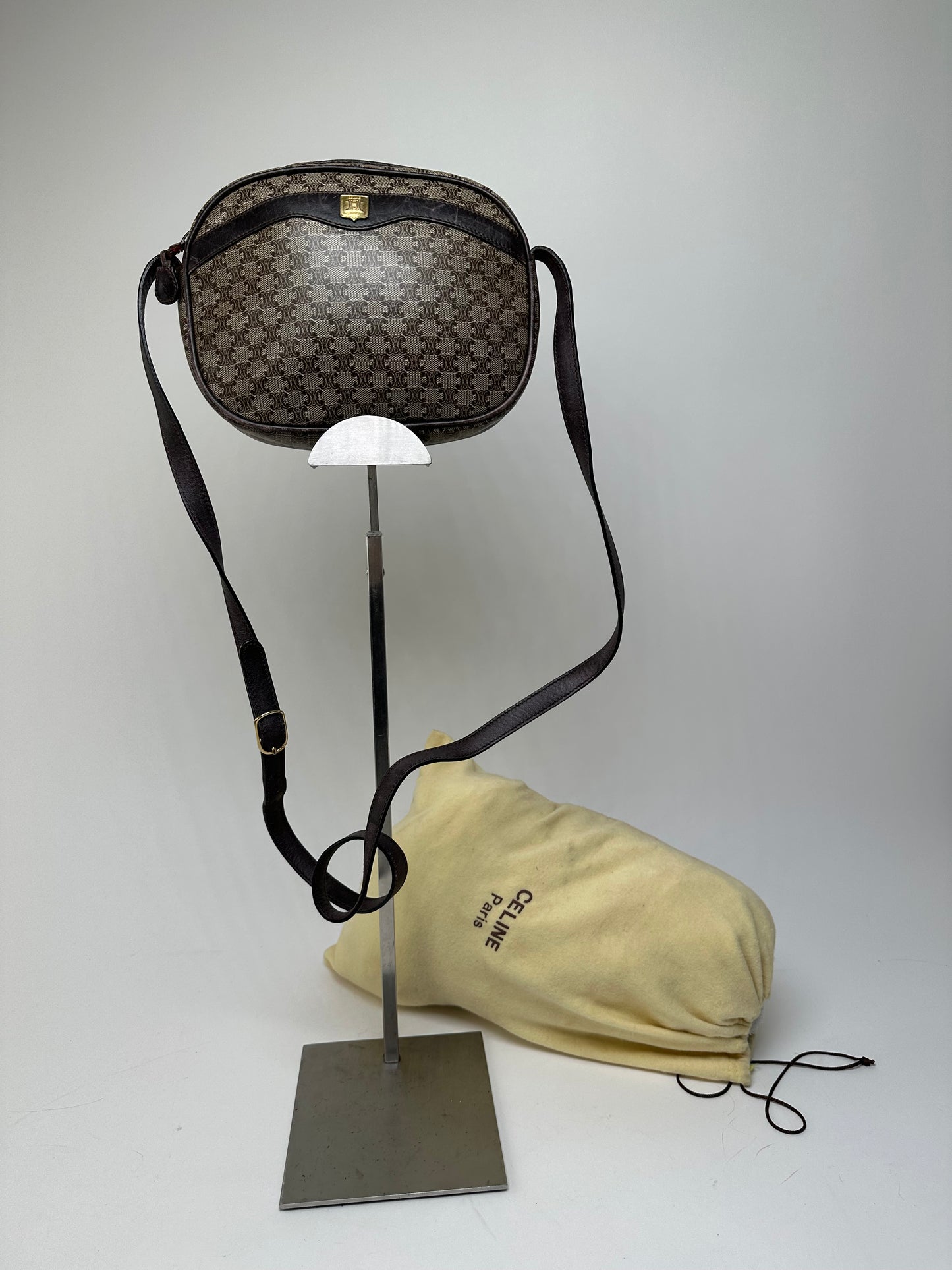 Vintage Celine Macadam Canvas Camera Crossbody Bag Dark Brown