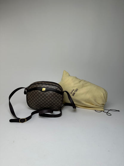 Vintage Celine Macadam Canvas Camera Crossbody Bag Dark Brown