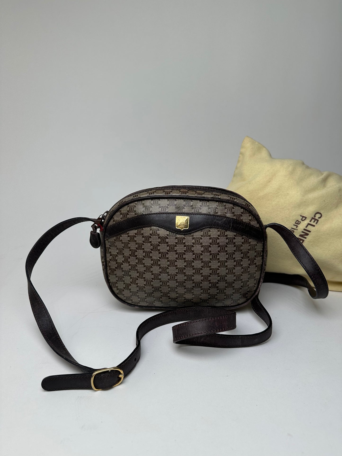 Vintage Celine Macadam Canvas Camera Crossbody Bag Dark Brown