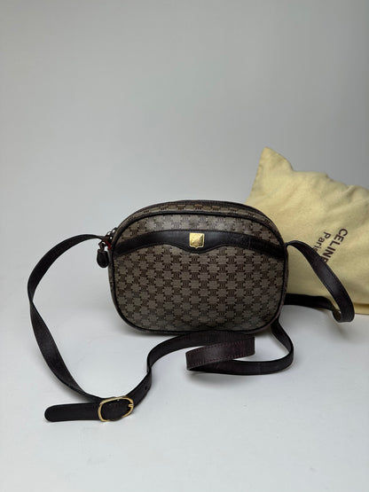 Vintage Celine Macadam Canvas Camera Crossbody Bag Dark Brown