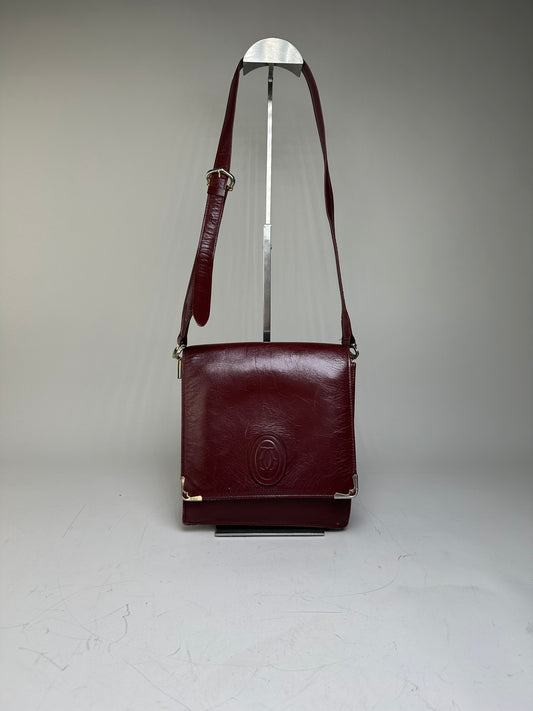 Vintage Cartier Leather Shoulder Bag Burgundy Silver