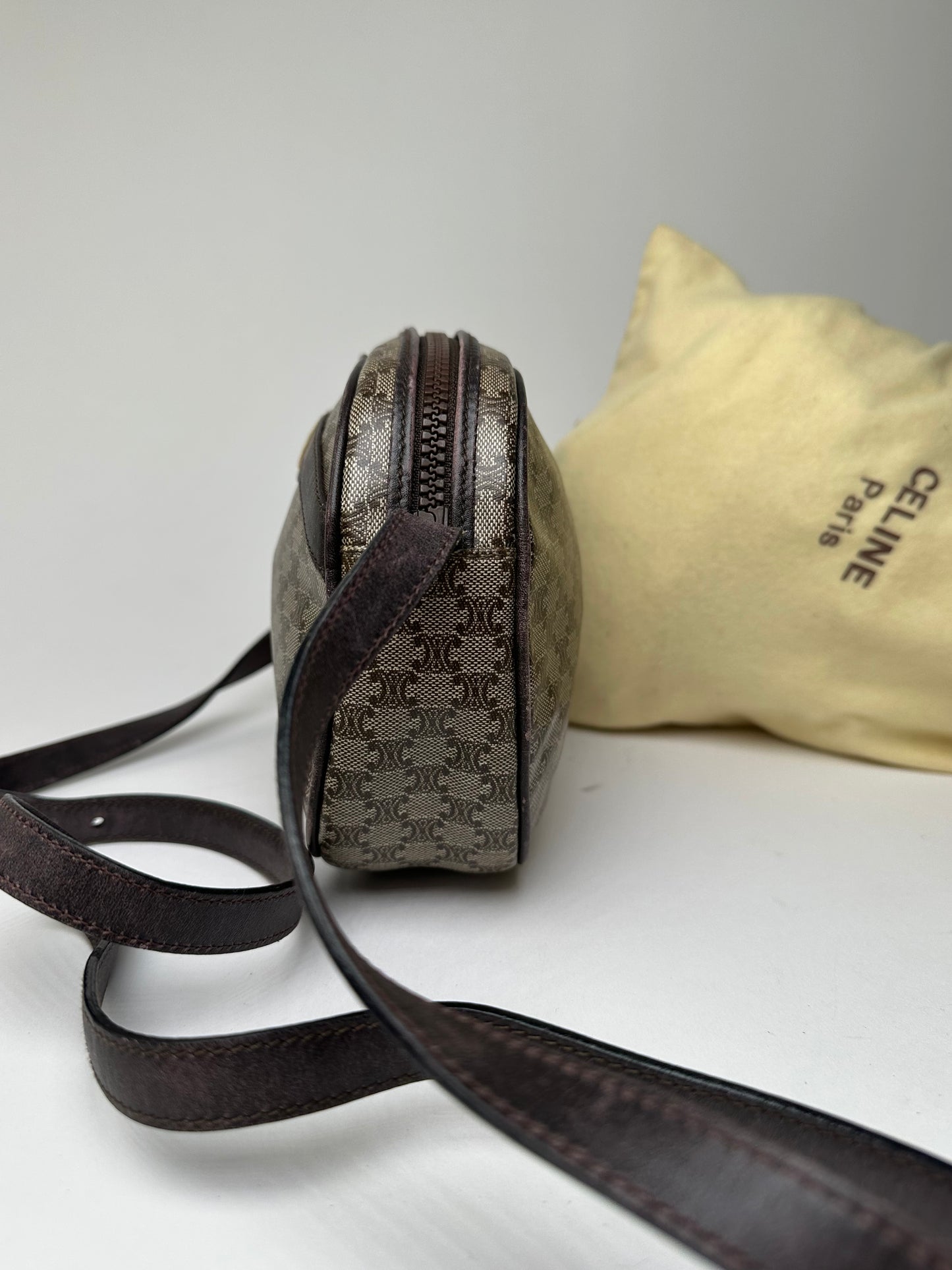 Vintage Celine Macadam Canvas Camera Crossbody Bag Dark Brown