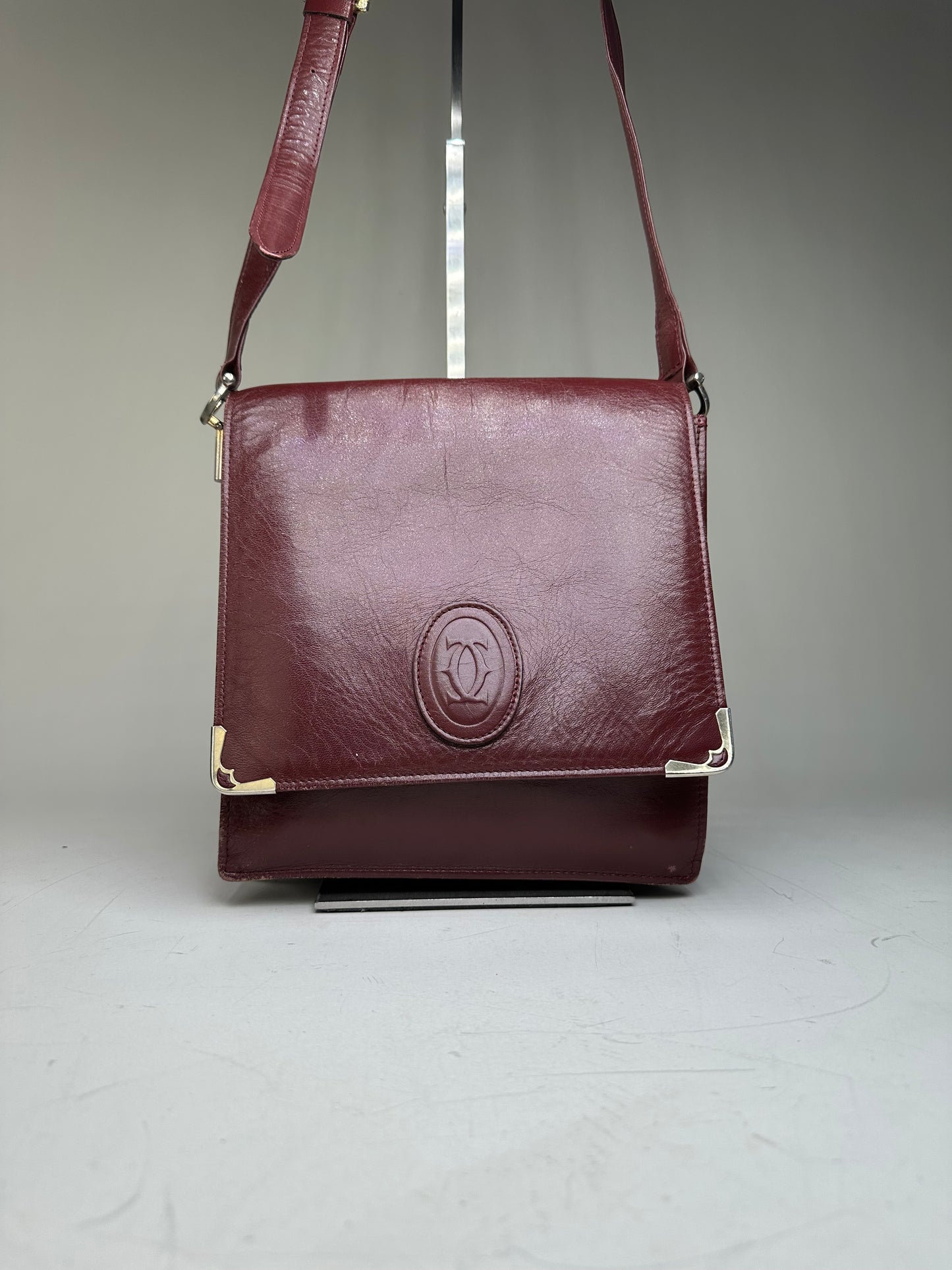 Vintage Cartier Leather Shoulder Bag Burgundy Silver