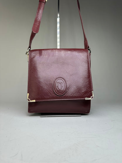 Vintage Cartier Leather Shoulder Bag Burgundy Silver