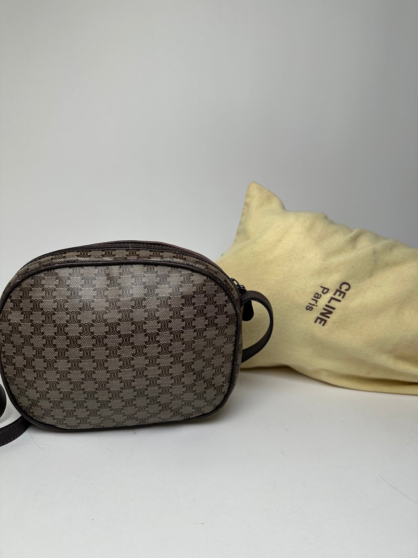 Vintage Celine Macadam Canvas Camera Crossbody Bag Dark Brown