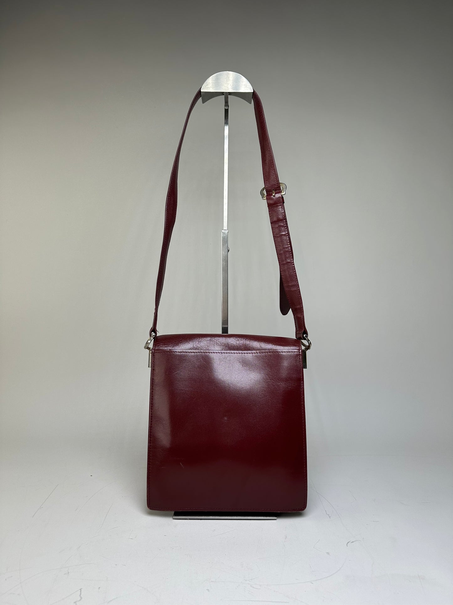 Vintage Cartier Leather Shoulder Bag Burgundy Silver
