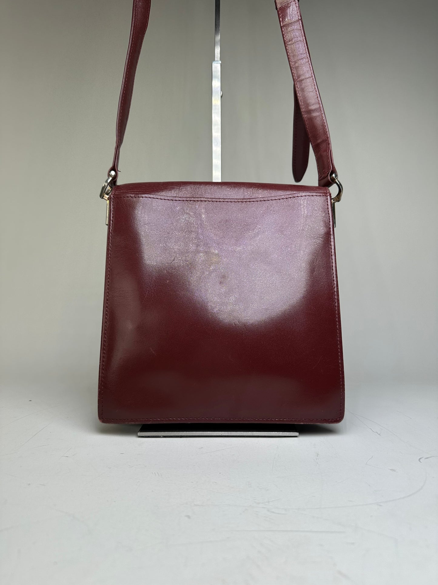 Vintage Cartier Leather Shoulder Bag Burgundy Silver