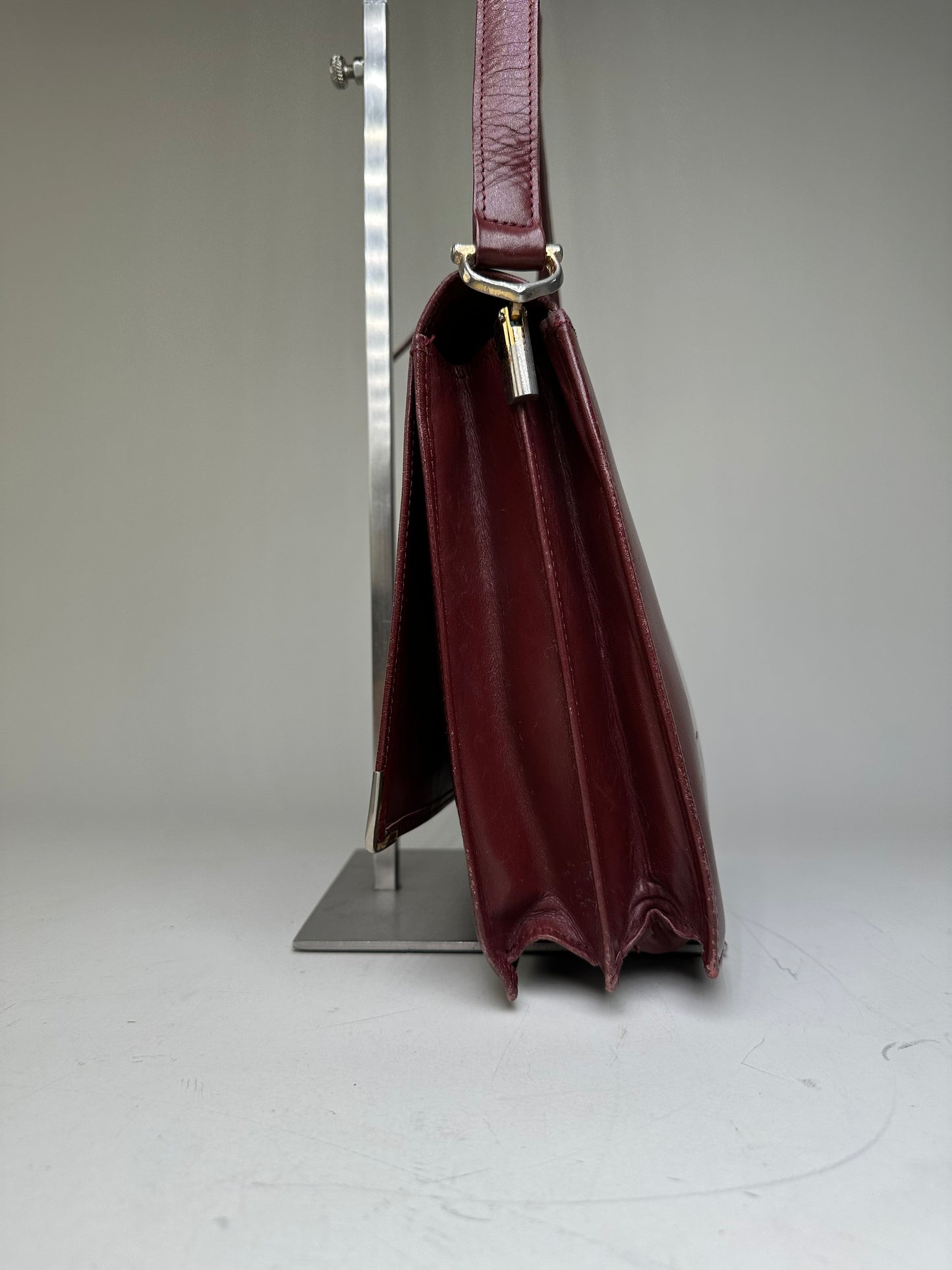 Vintage Cartier Leather Shoulder Bag Burgundy Silver