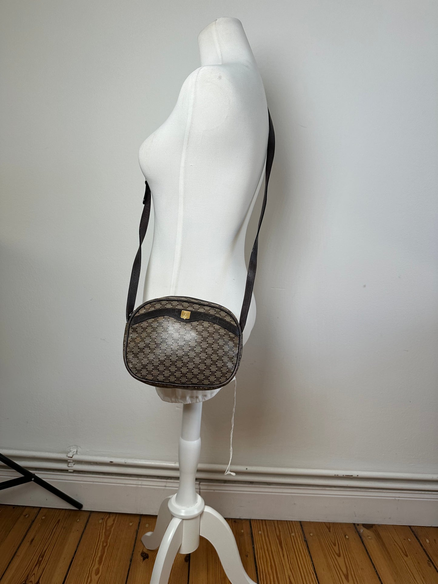 Vintage Celine Macadam Canvas Camera Crossbody Bag Dark Brown