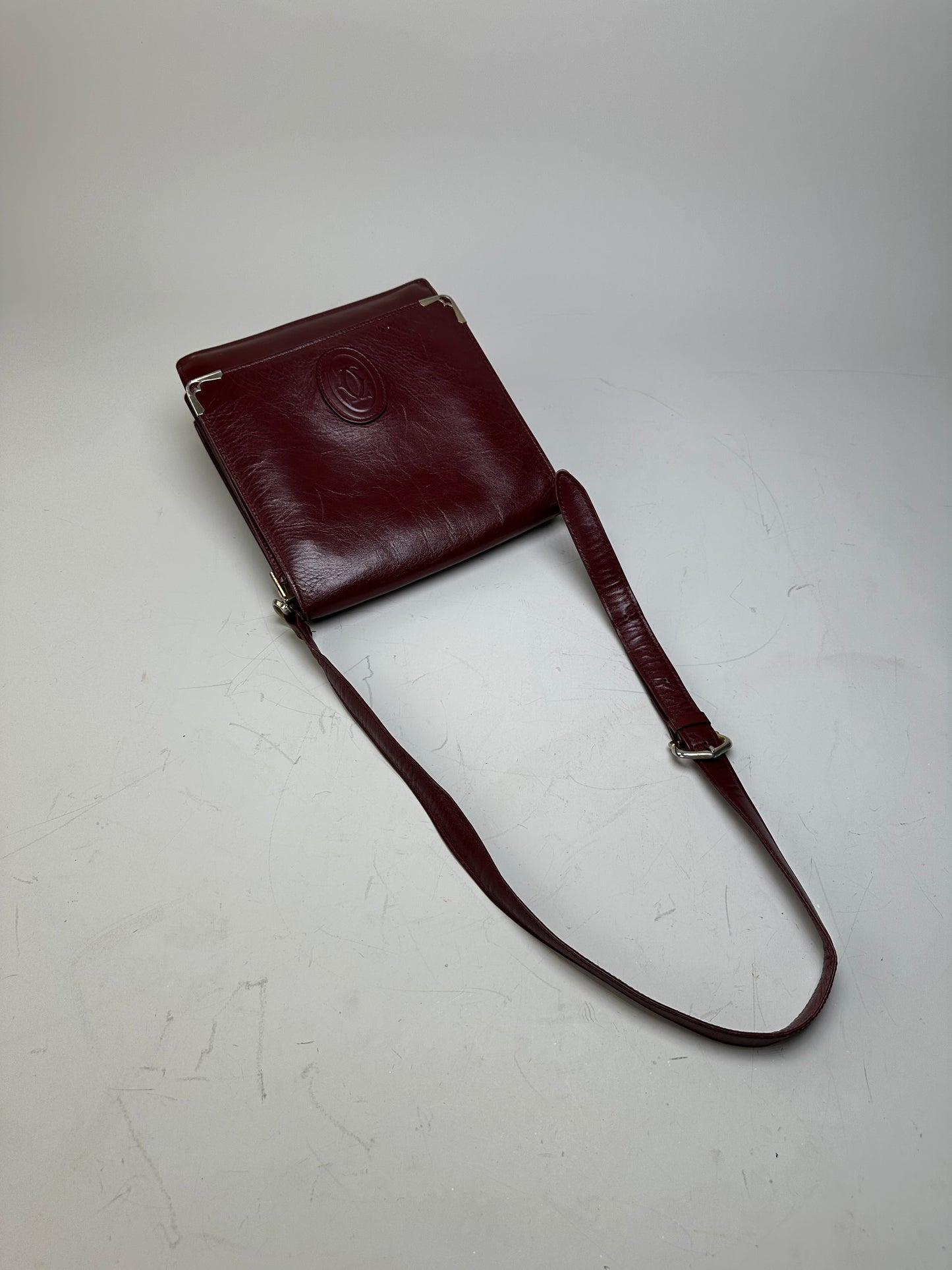 Vintage Cartier Leather Shoulder Bag Burgundy Silver