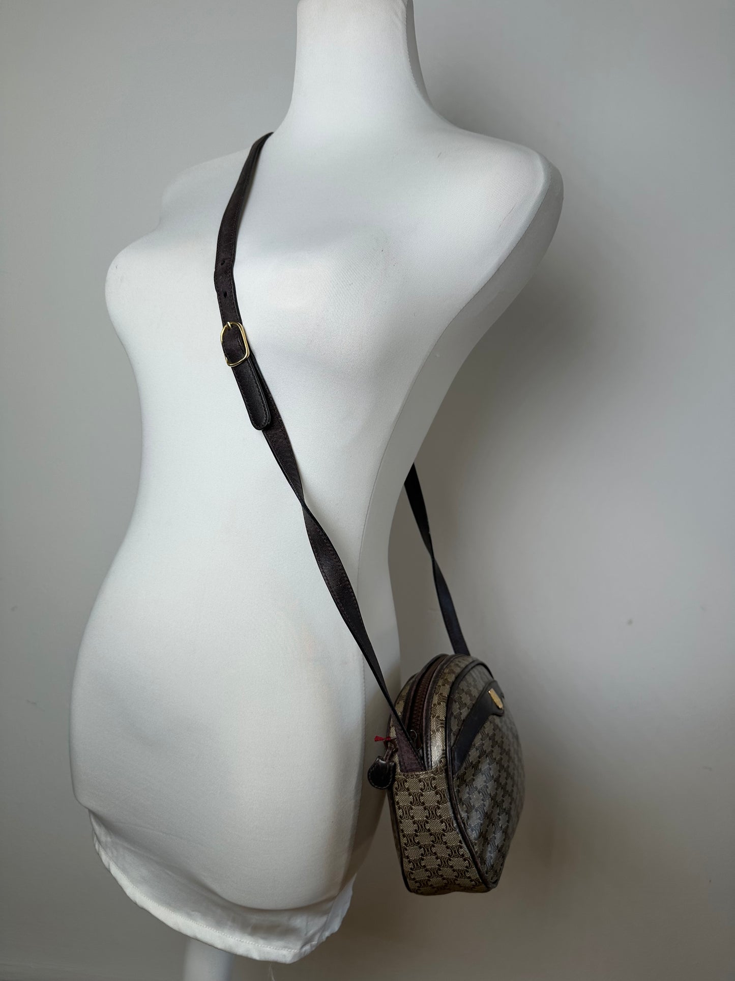 Vintage Celine Macadam Canvas Camera Crossbody Bag Dark Brown